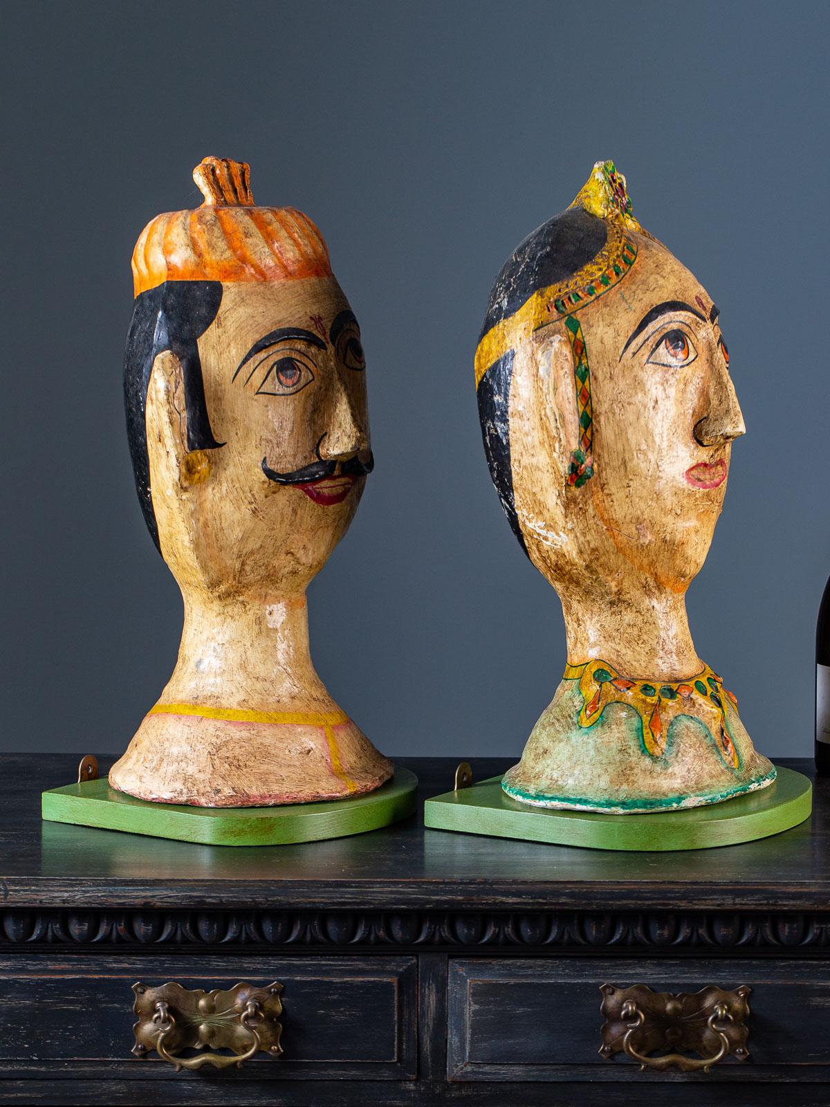 Pair of Papier Mâché Vintage Indian Male Female Figures Custom Brackets In Good Condition For Sale In Houston, TX