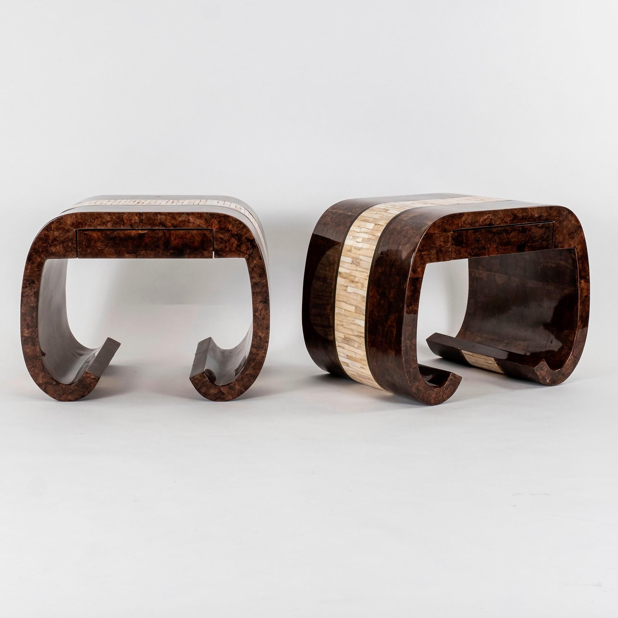 Pair of Ming style lacquered goatskin and tessellated horn tables with drawer.