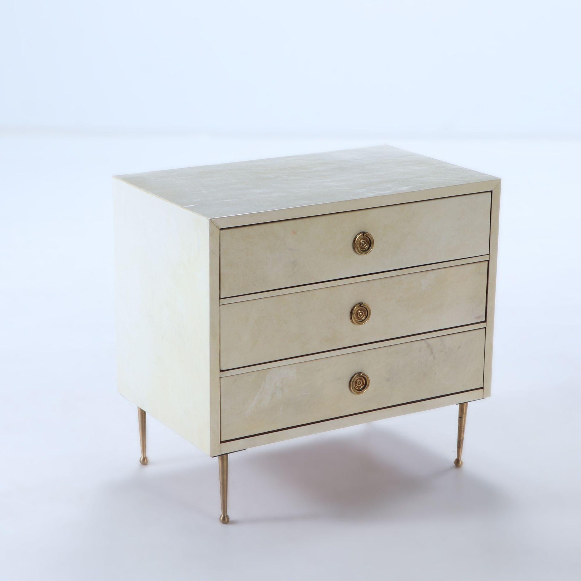 Mid-Century Modern Pair parchment covered nightstands having three drawers For Sale