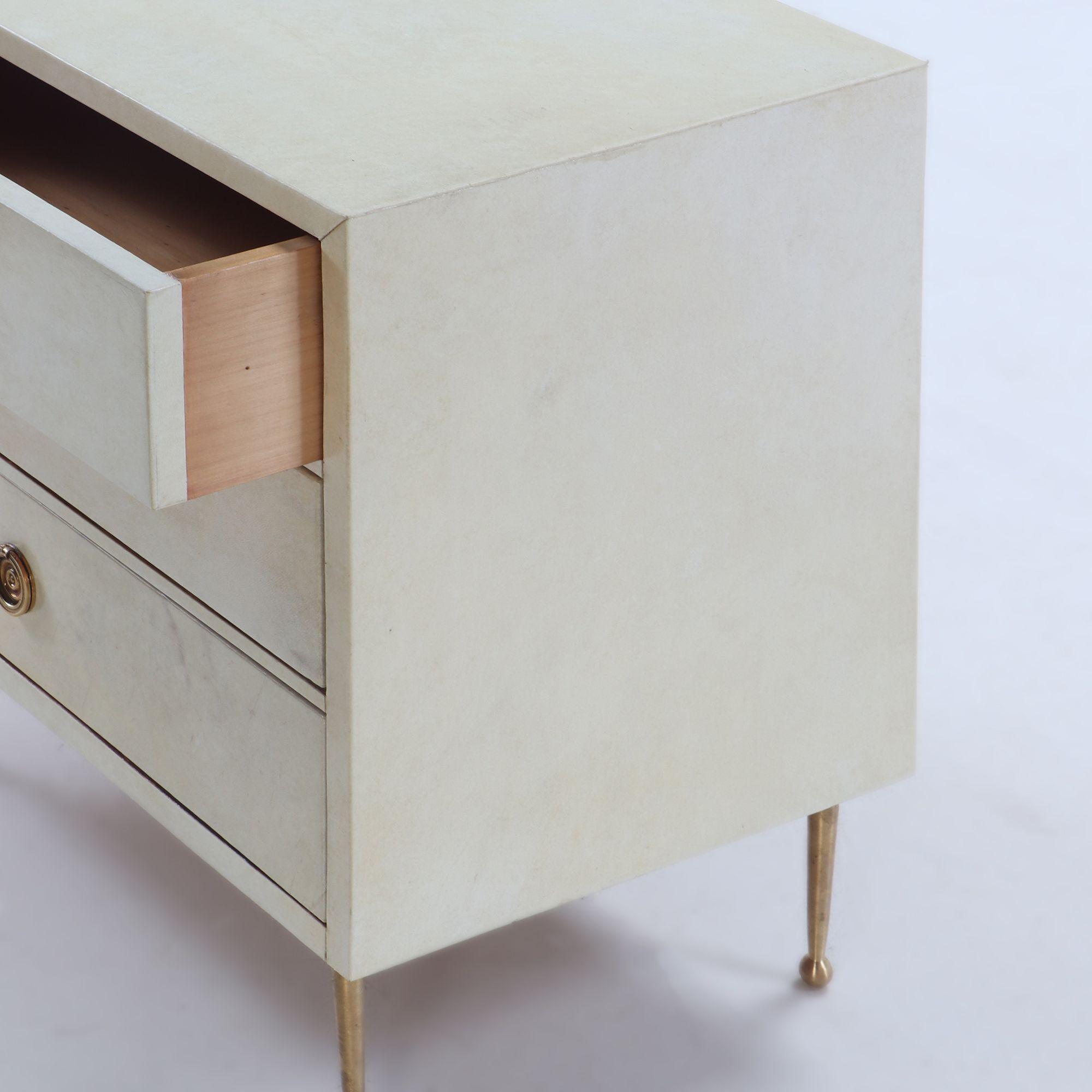 Pair parchment covered nightstands having three drawers In Good Condition For Sale In Philadelphia, PA