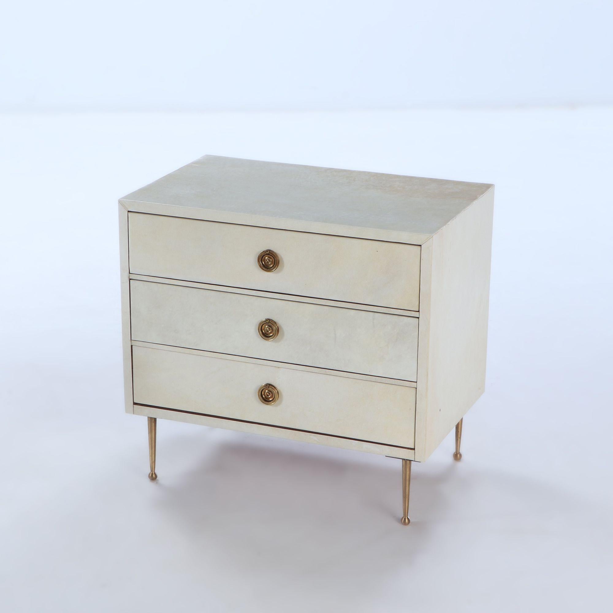 Contemporary Pair parchment covered nightstands having three drawers For Sale