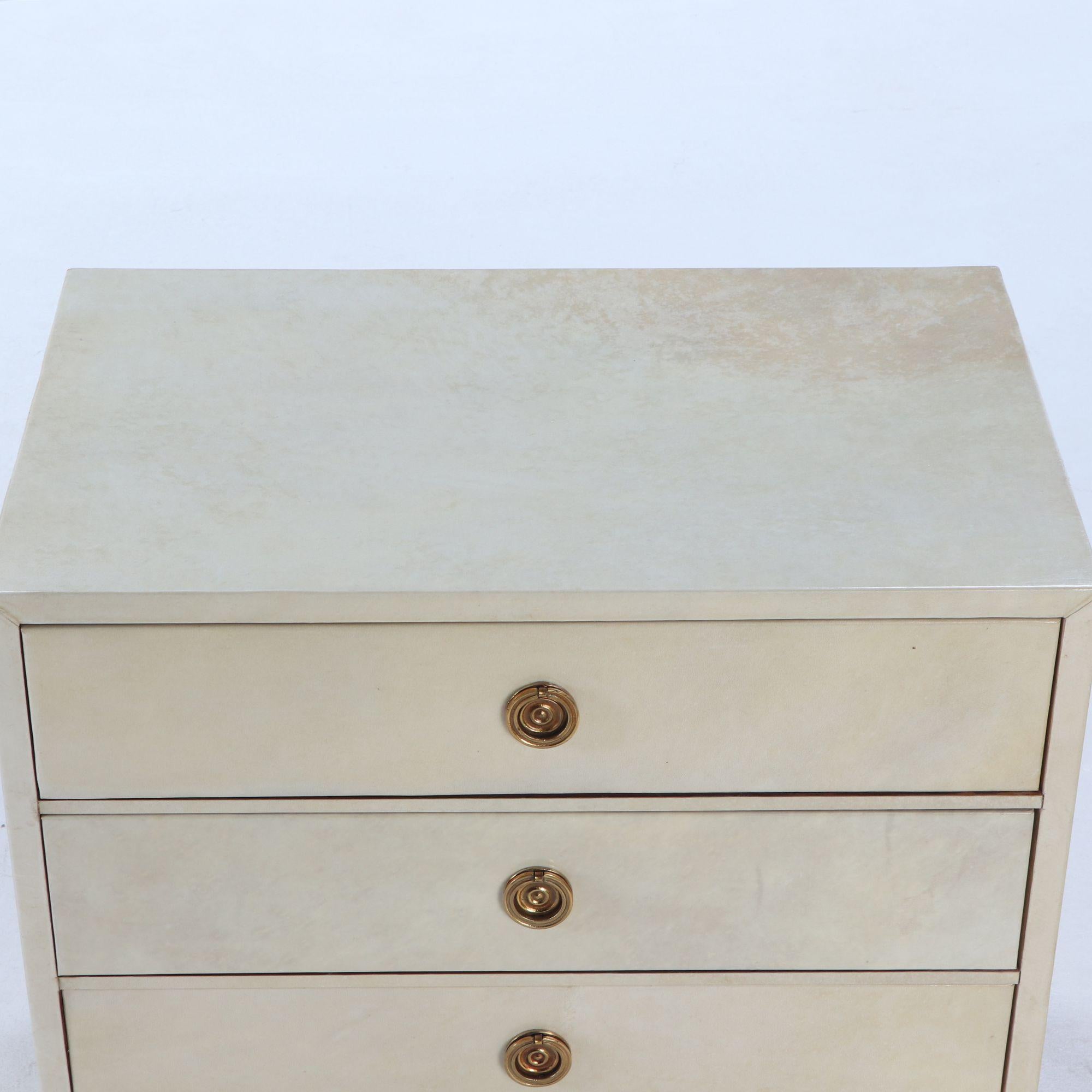 Pair parchment covered nightstands having three drawers For Sale 1