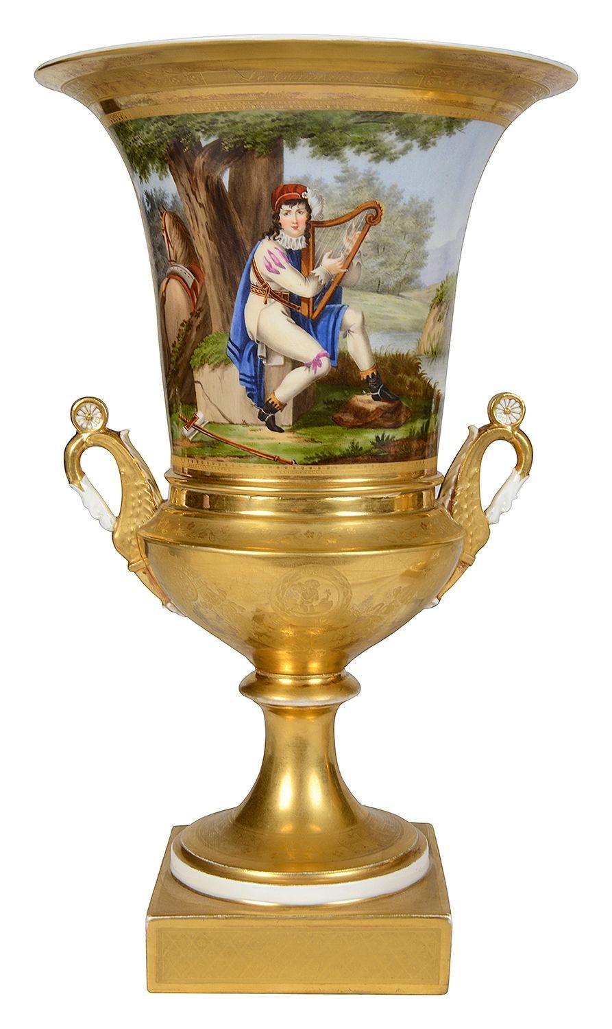 French Pair Paris porcelain gilded urns, circa 1880 For Sale