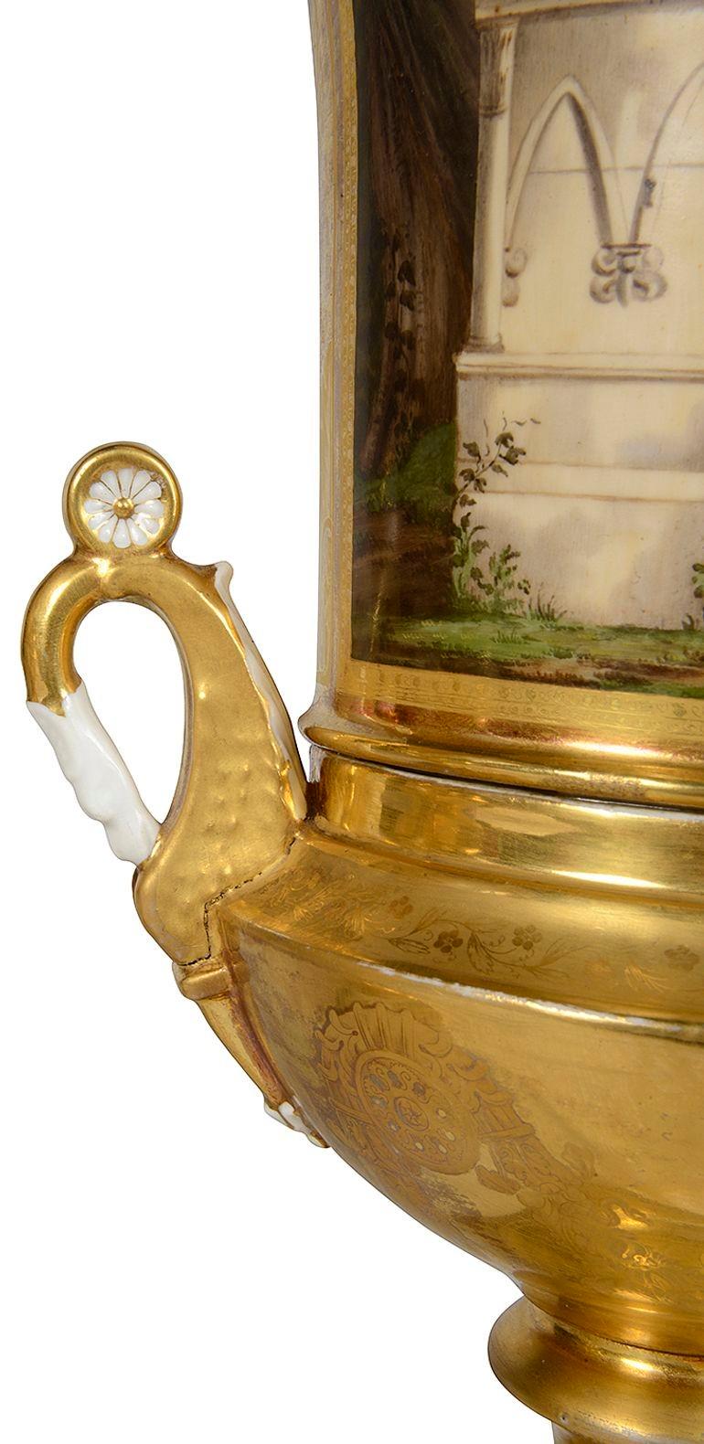 19th Century Pair Paris porcelain gilded urns, circa 1880 For Sale