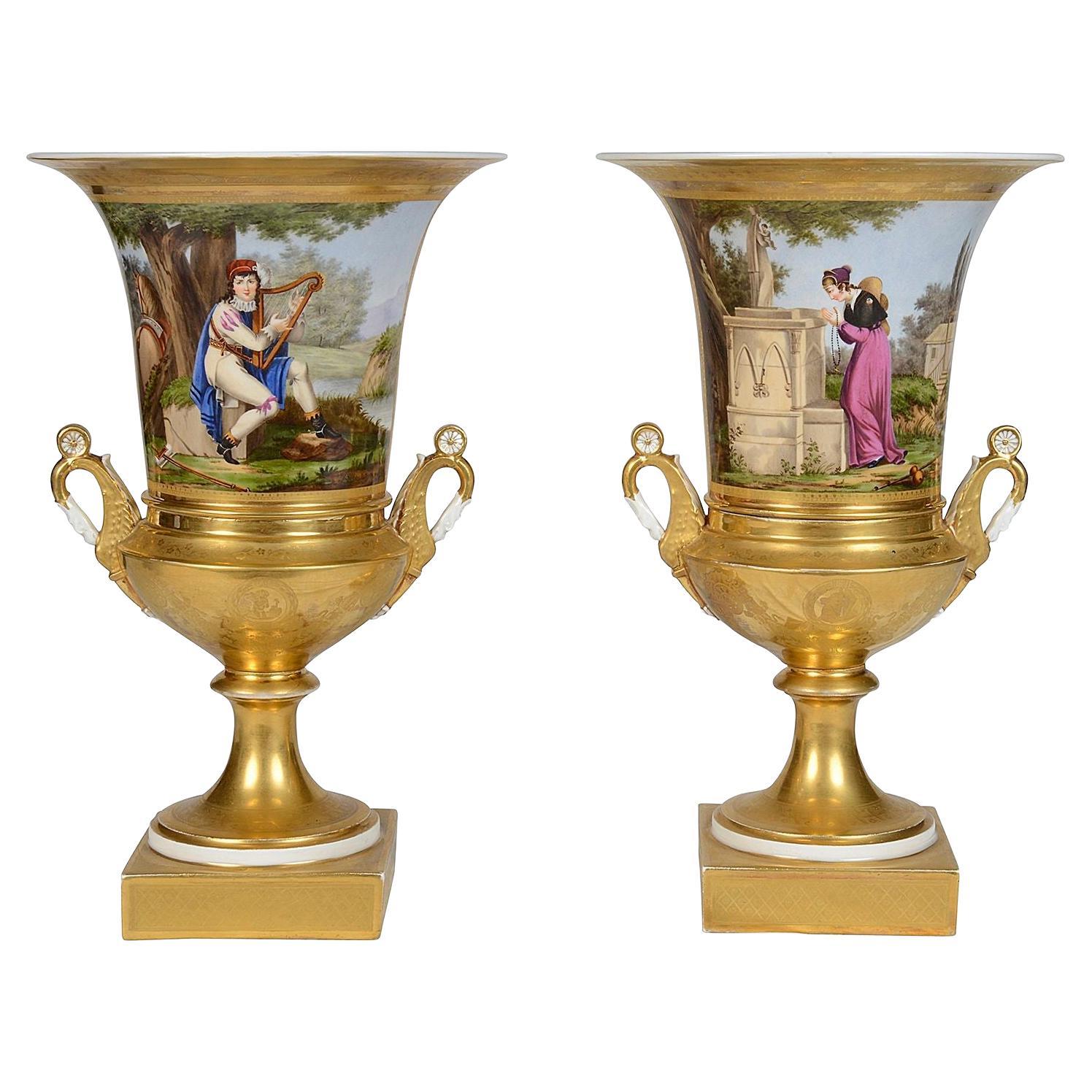 Pair Paris porcelain gilded urns, circa 1880 For Sale