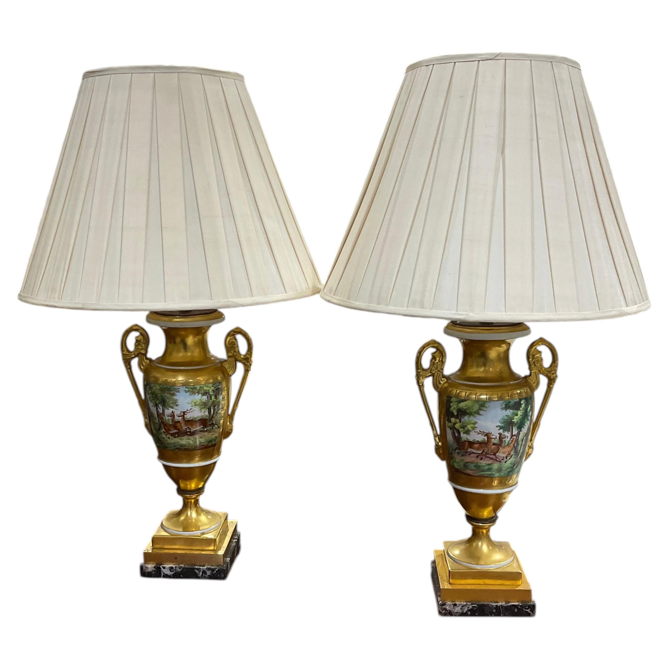 Pair Paris porcelain lamps For Sale