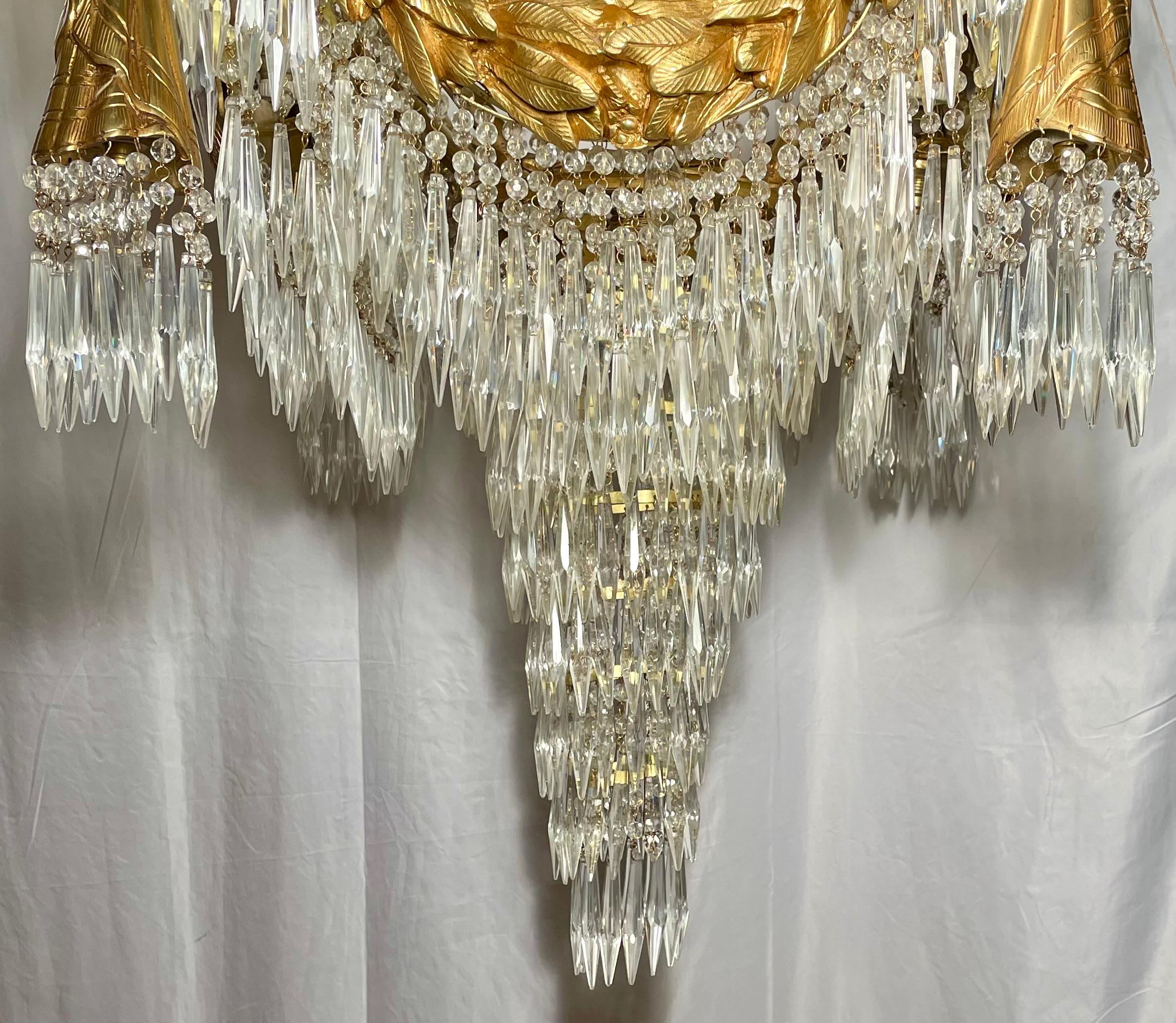 Pair Parisian Bronze D'ore & Crystal Chandeliers circa 1950 In Good Condition For Sale In New Orleans, LA