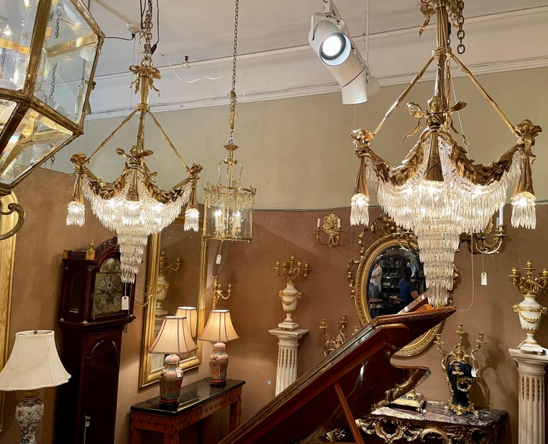 Pair Parisian Bronze D'ore and Crystal Chandeliers circa 1950 For Sale