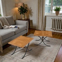 Mid-Century Modern Parquet Oak Side Tables with Iron X Base, 1960s