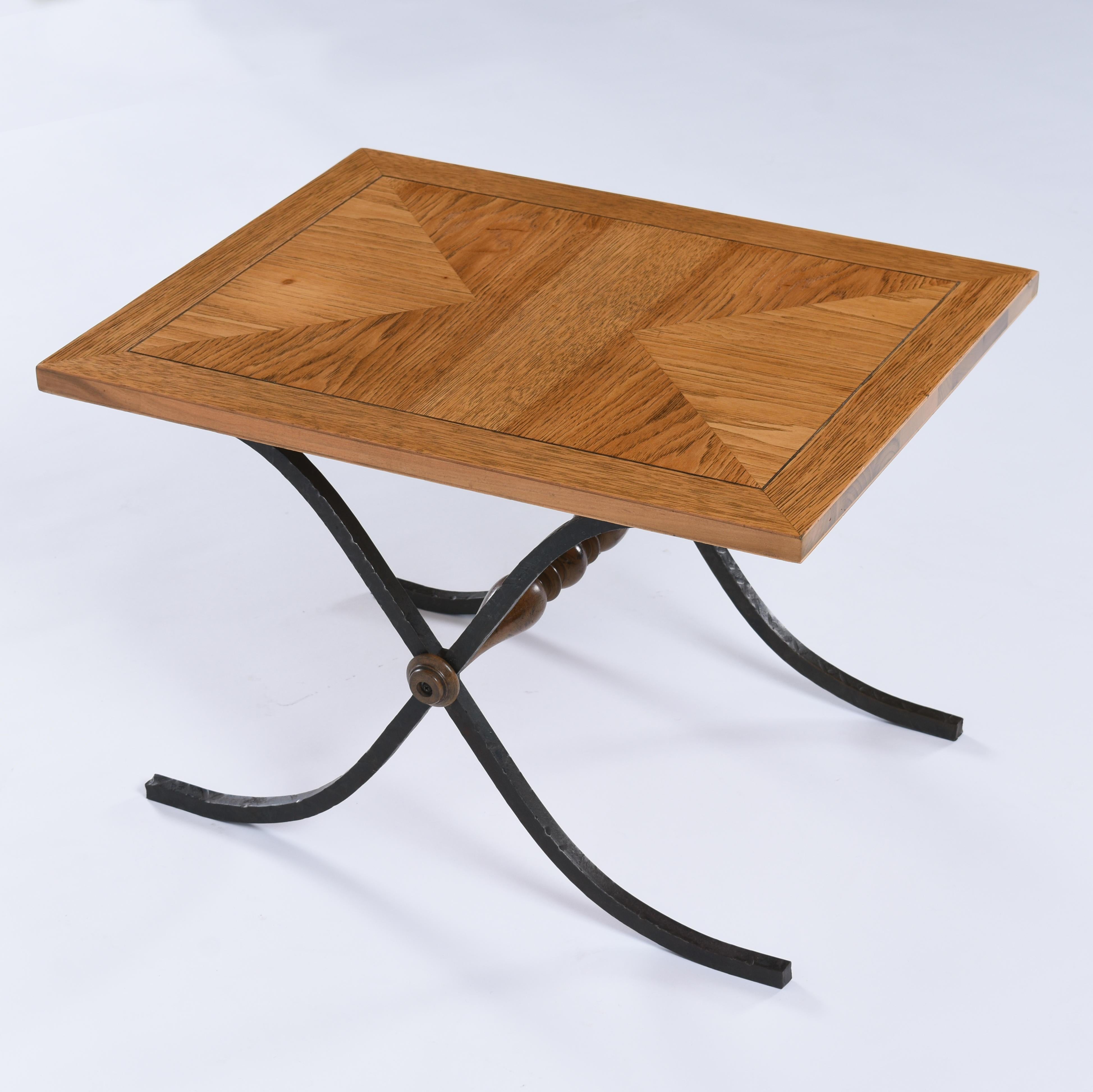 20th Century Pair Parquet Oak Petite Side Tables with Iron x Base Sabre Legs For Sale
