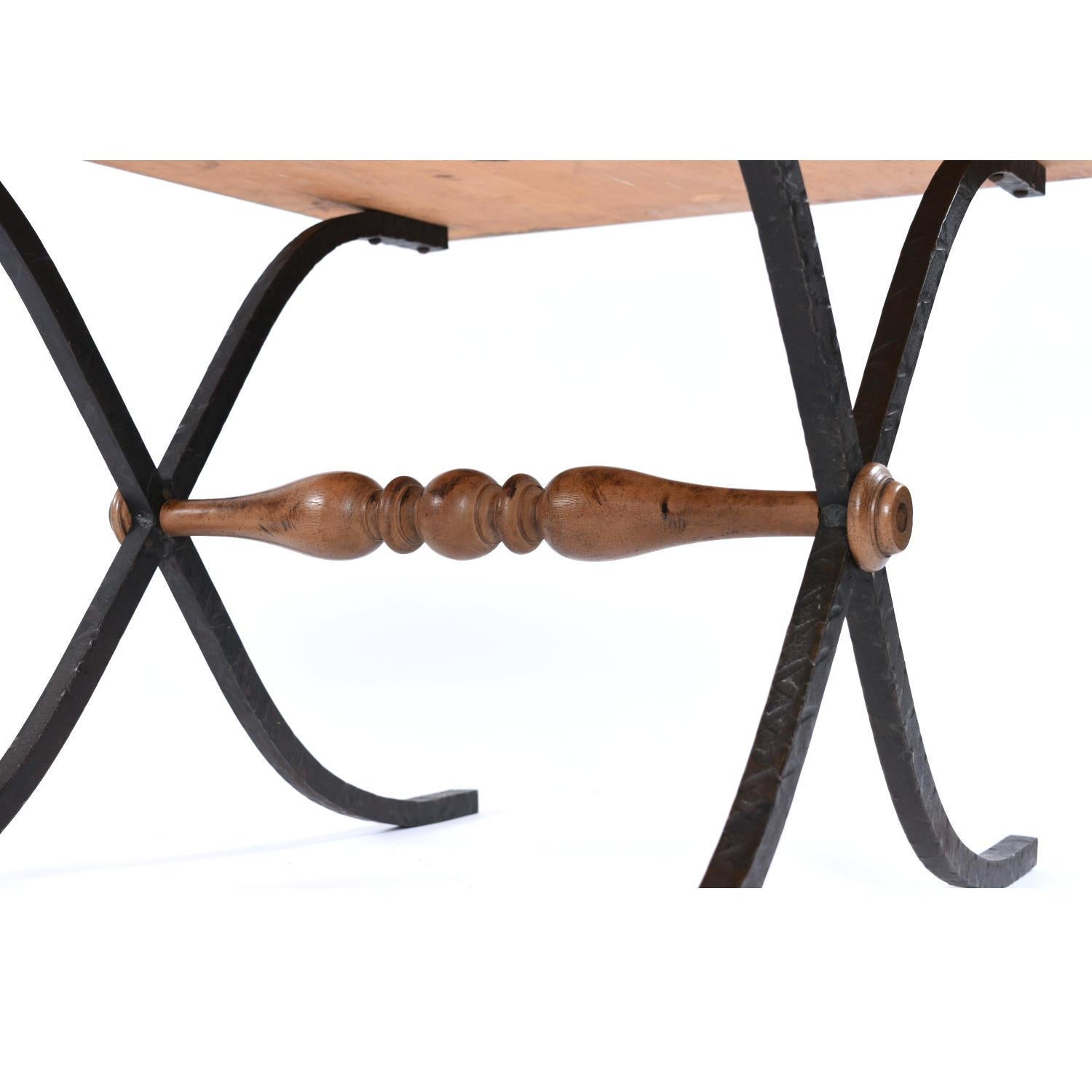 Pair Parquet Oak Petite Side Tables with Iron x Base Sabre Legs For Sale 1