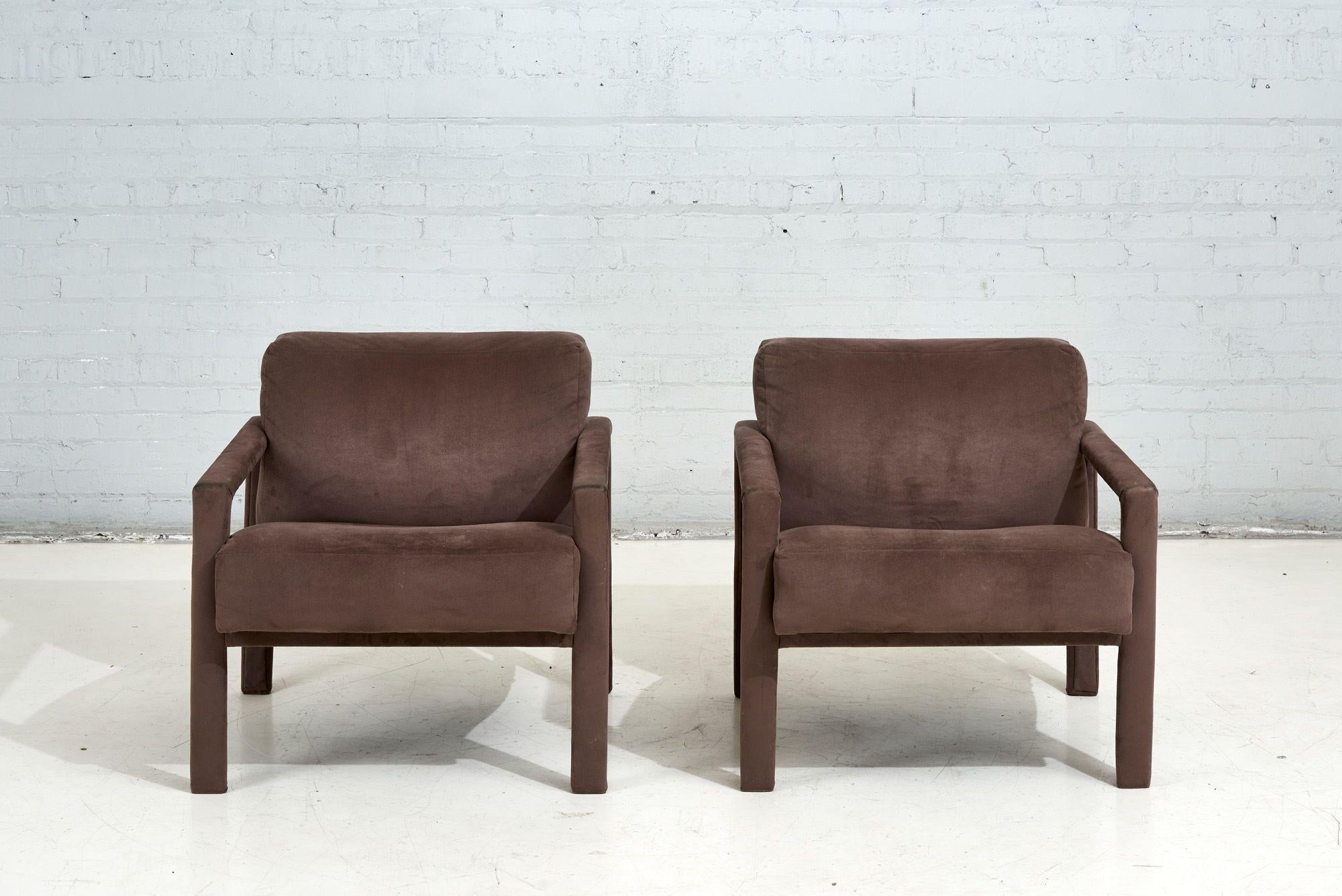 Pair Parsons Lounge chairs, 1980. Original ultra-suede upholstery shows minor wear, consistent with age and use.
