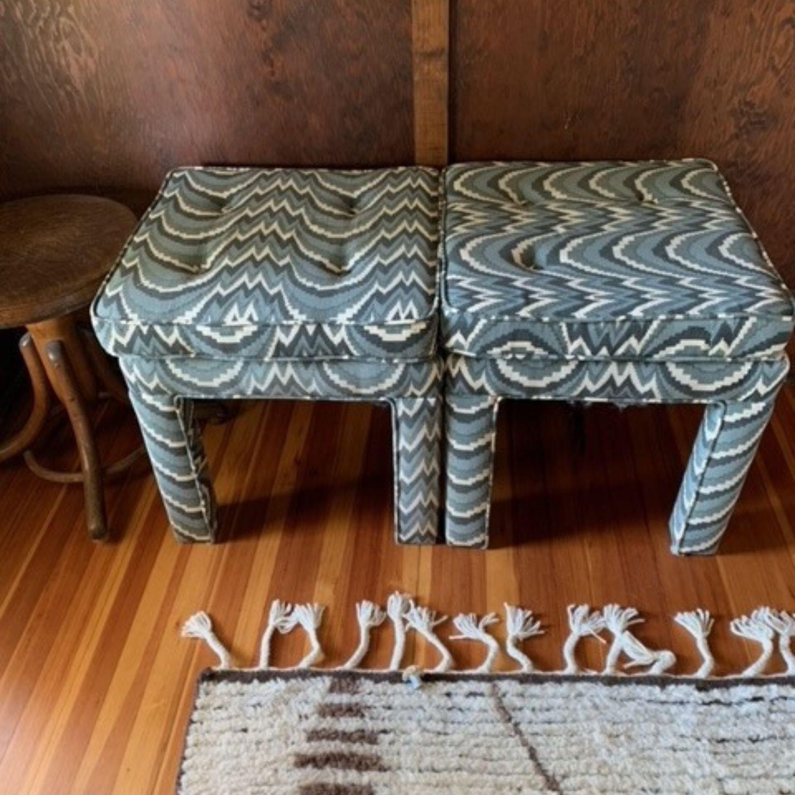 Pair of vintage upholstery Parsons-style stools in the manner of Milo Baughman. Some light wear and stains consistent with age. We can also have these reupholstered after purchase and prior to shipping for an additional cost. Contact with questions.