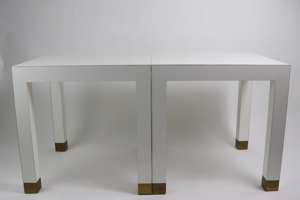 Pair of Parsons Tables in White Formica with Brass Feet 11