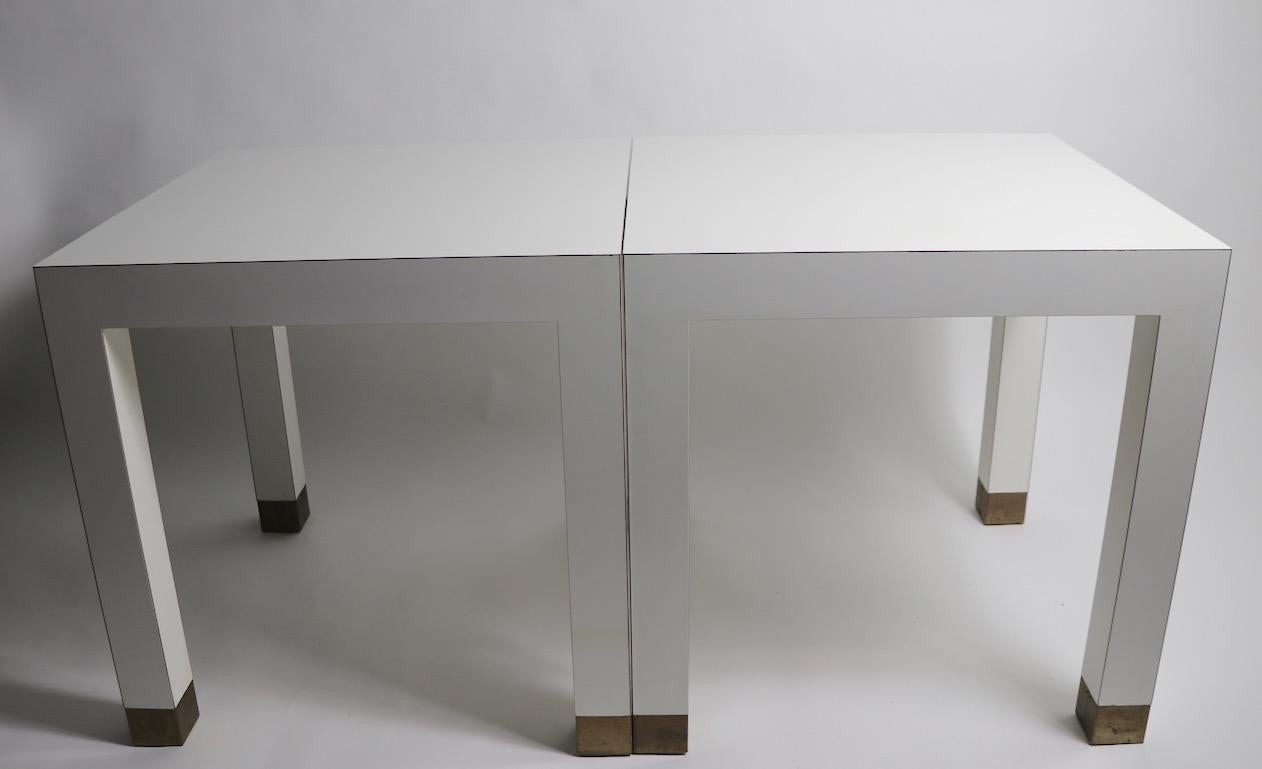 Pair of Parsons Tables in White Formica with Brass Feet 13