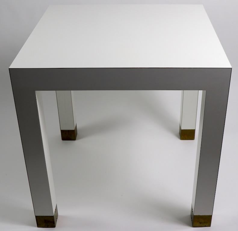 Hollywood Regency Pair of Parsons Tables in White Formica with Brass Feet