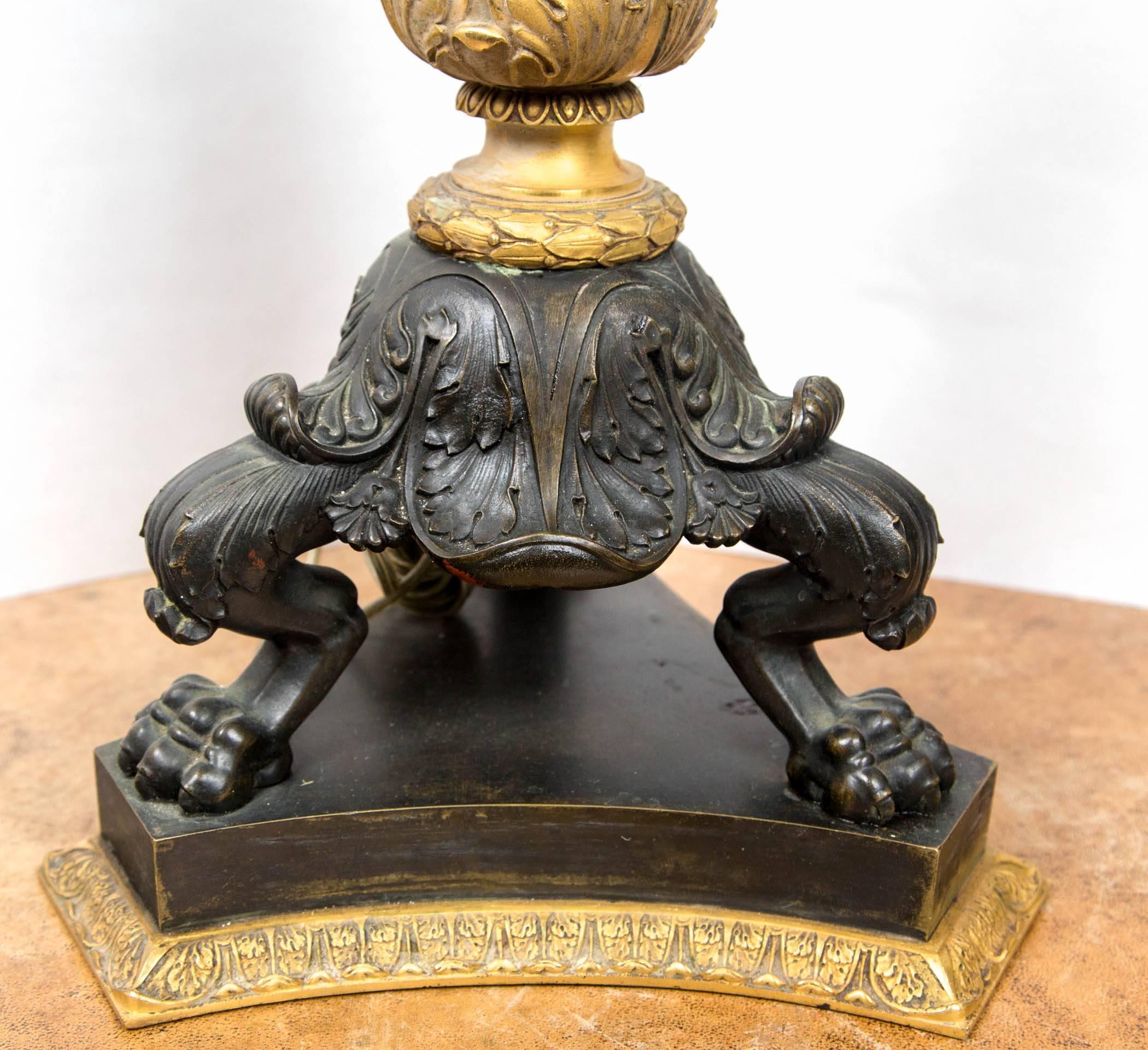 French Pair of Patinated and Fire Gilt Bronze Tall Empire Candelabra Bases For Sale