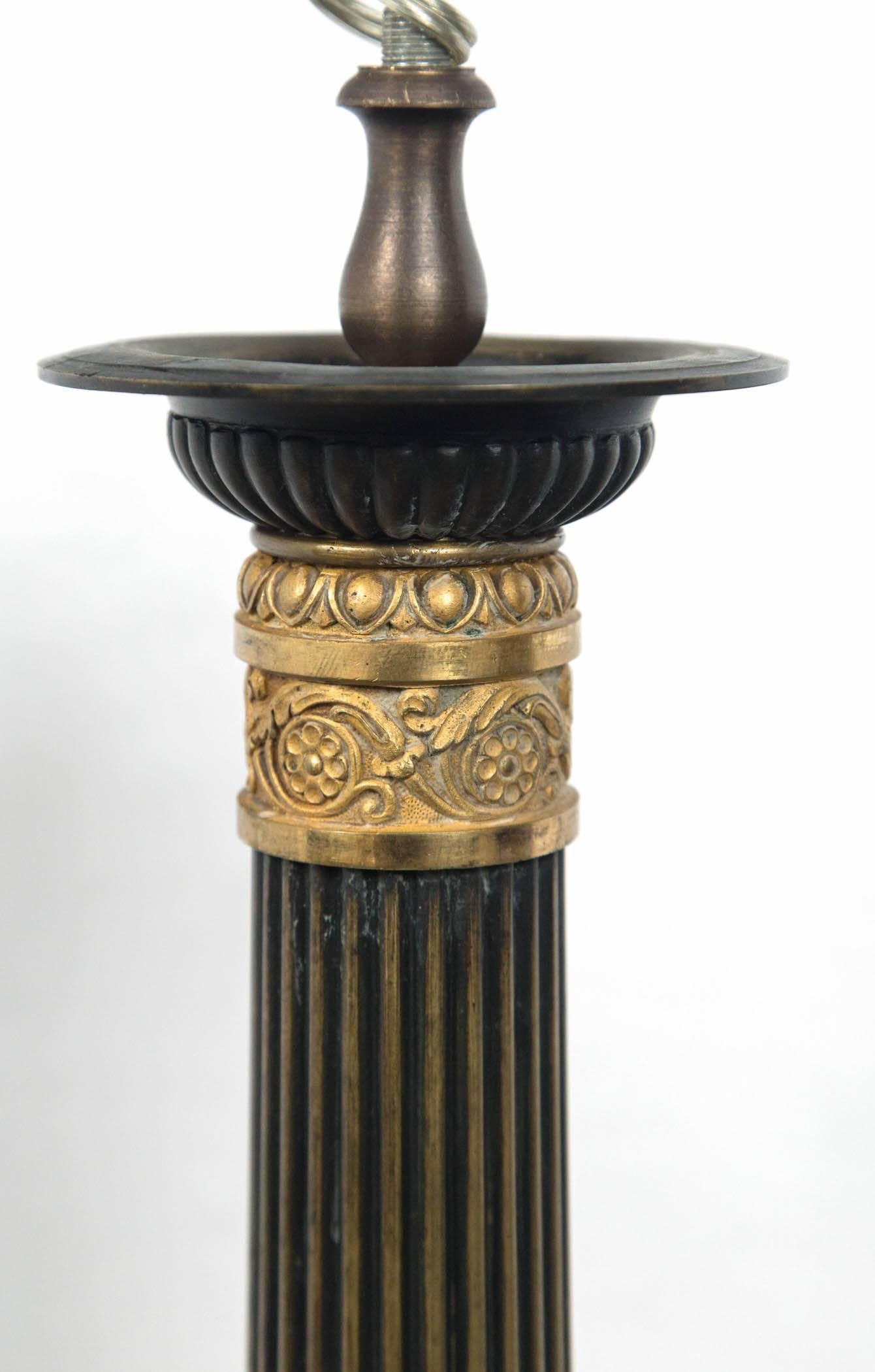 19th Century Pair of Patinated and Fire Gilt Bronze Tall Empire Candelabra Bases For Sale