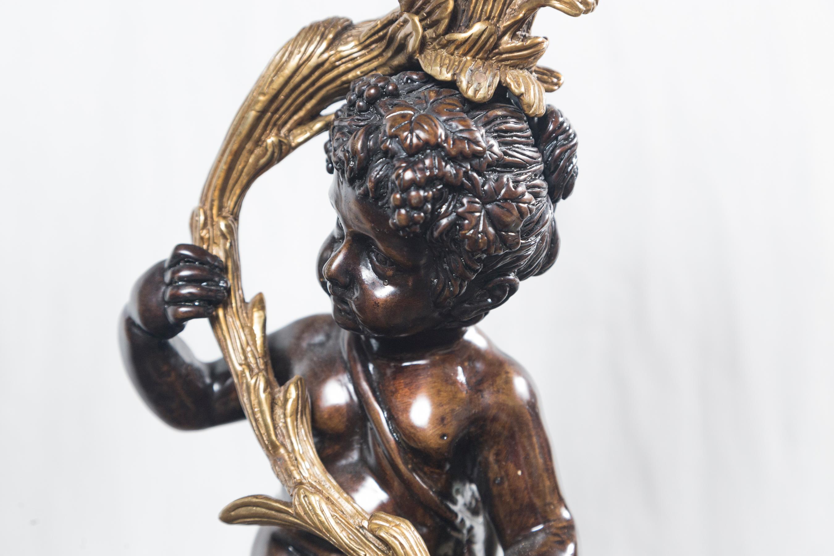 20th Century Pair Patinated and Gilt Bronze Putti Candlesticks For Sale