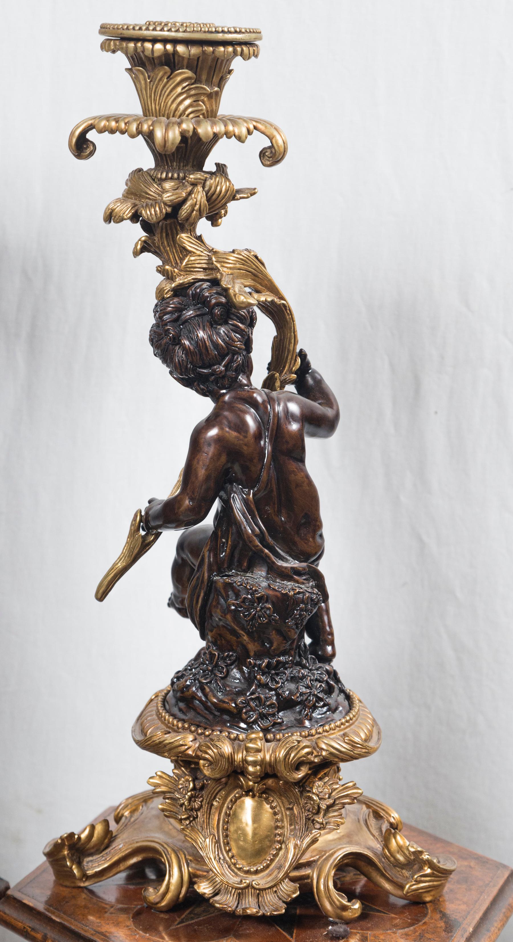 Pair Patinated and Gilt Bronze Putti Candlesticks For Sale 2