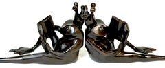 Pair Patinated Bronze Reclining Frog Prince Reading Book Bookends, Late 20th C.