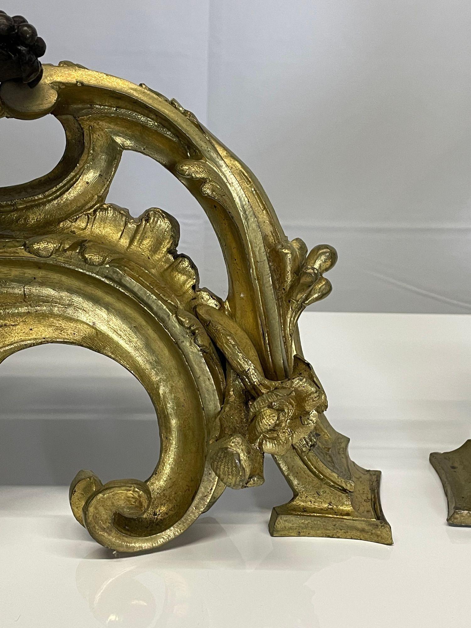 Pair Patinated Gilt Bronze Cherub Fireplace Andirons, Chenets Antique Louis XV For Sale 4