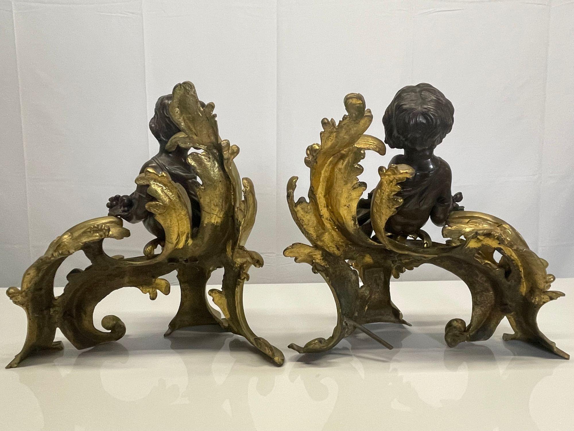 Pair Patinated Gilt Bronze Cherub Fireplace Andirons, Chenets Antique Louis XV For Sale 5