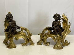 Pair Patinated Gilt Bronze Cherub Fireplace Andirons, Chenets Antique Louis XV