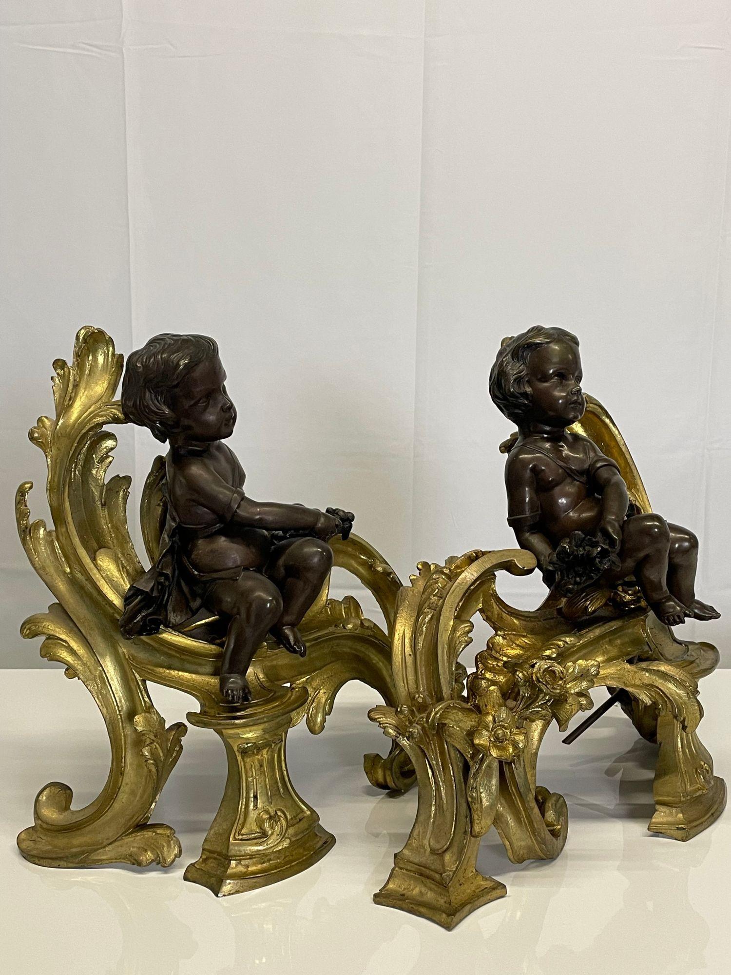 French Pair Patinated Gilt Bronze Cherub Fireplace Andirons, Chenets Antique Louis XV For Sale