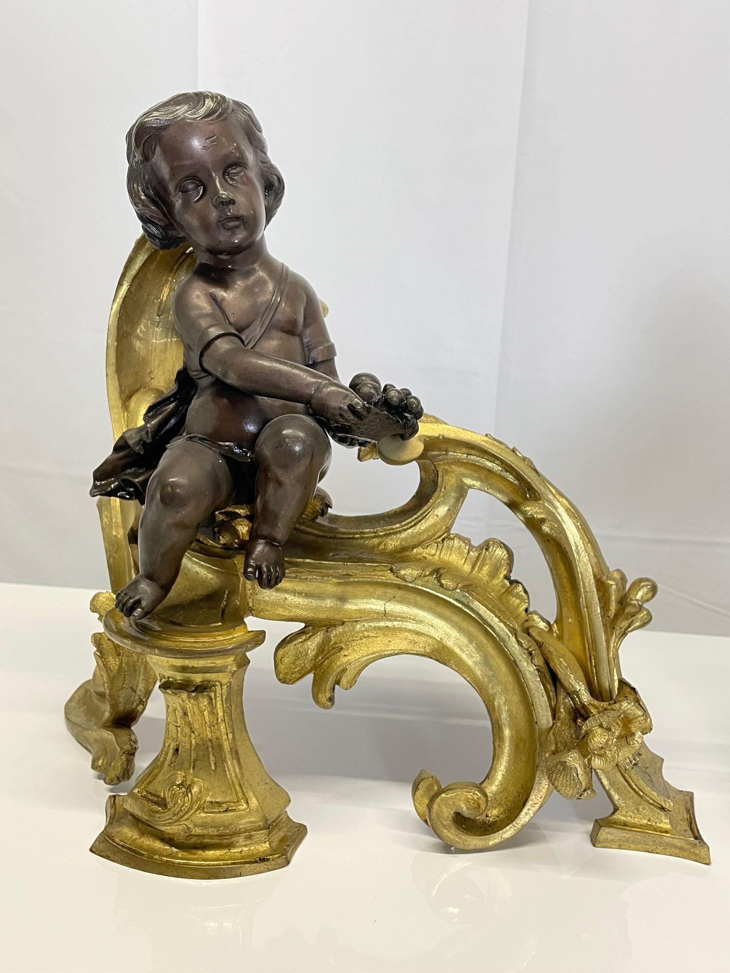 Pair Patinated Gilt Bronze Cherub Fireplace Andirons, Chenets Antique Louis XV In Good Condition For Sale In Stamford, CT