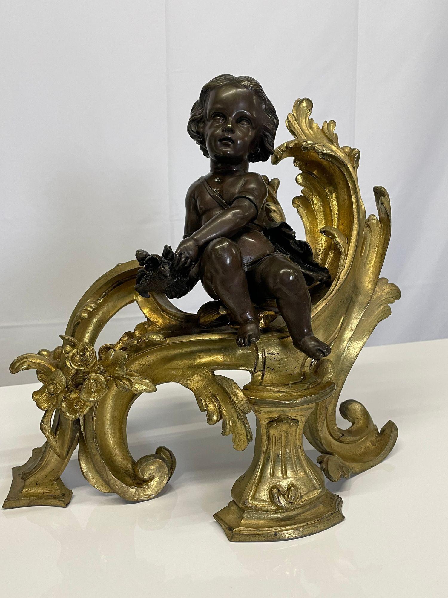 Late 19th Century Pair Patinated Gilt Bronze Cherub Fireplace Andirons, Chenets Antique Louis XV For Sale