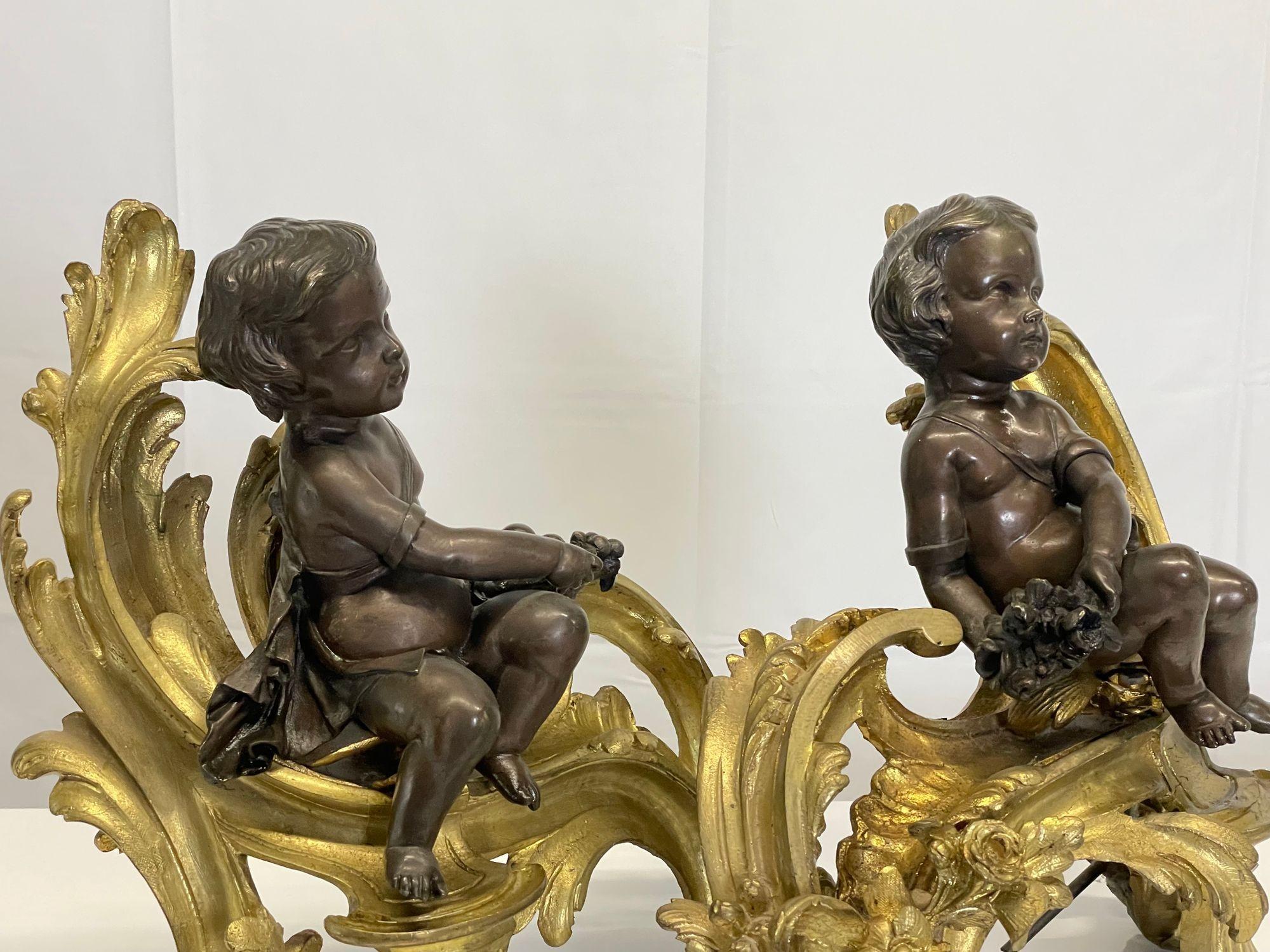 Pair Patinated Gilt Bronze Cherub Fireplace Andirons, Chenets Antique Louis XV For Sale 1