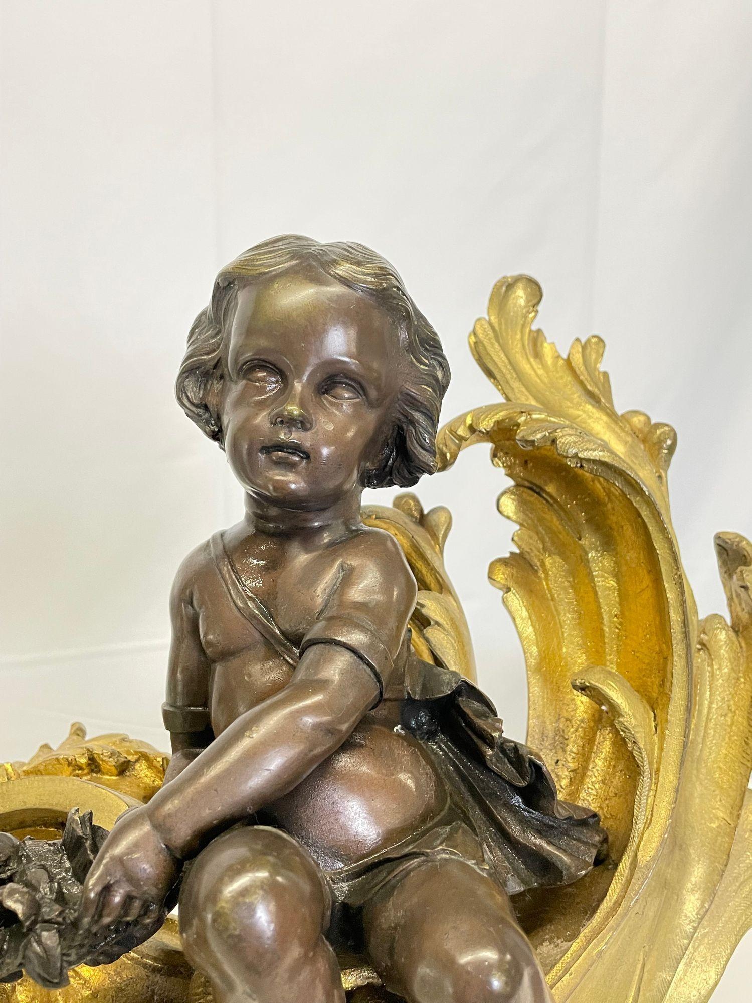 Pair Patinated Gilt Bronze Cherub Fireplace Andirons, Chenets Antique Louis XV For Sale 3