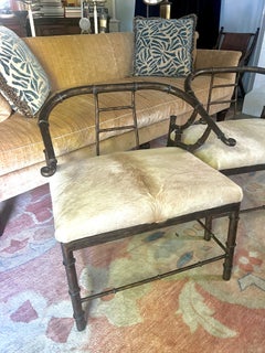 Pair Patinated Mastercraft Faux Bamboo Chairs with Pony Skin Upholstery