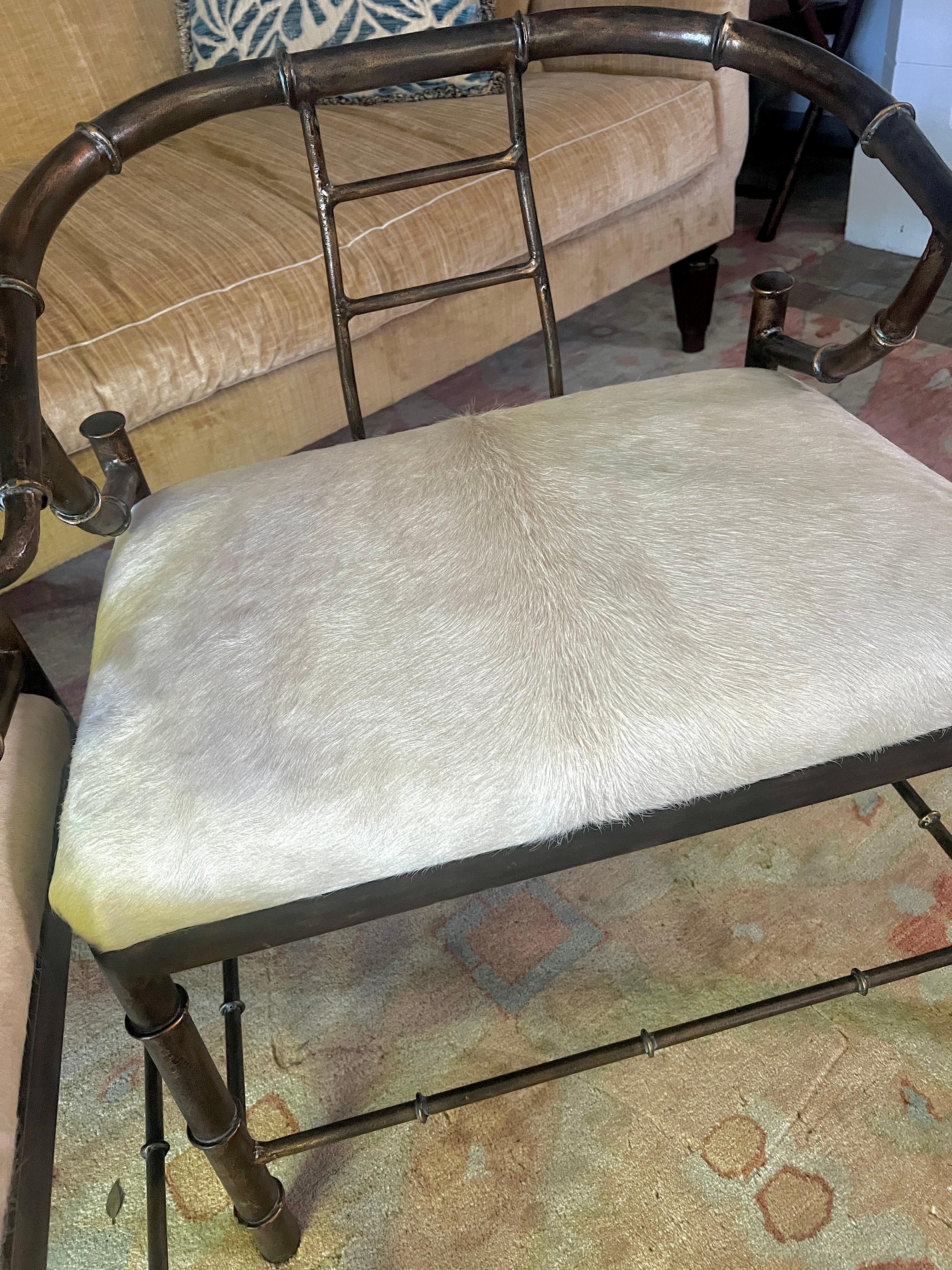 Pair Patinated Mastercraft Faux Bamboo Chairs with Pony Skin Upholstery Metal en venta