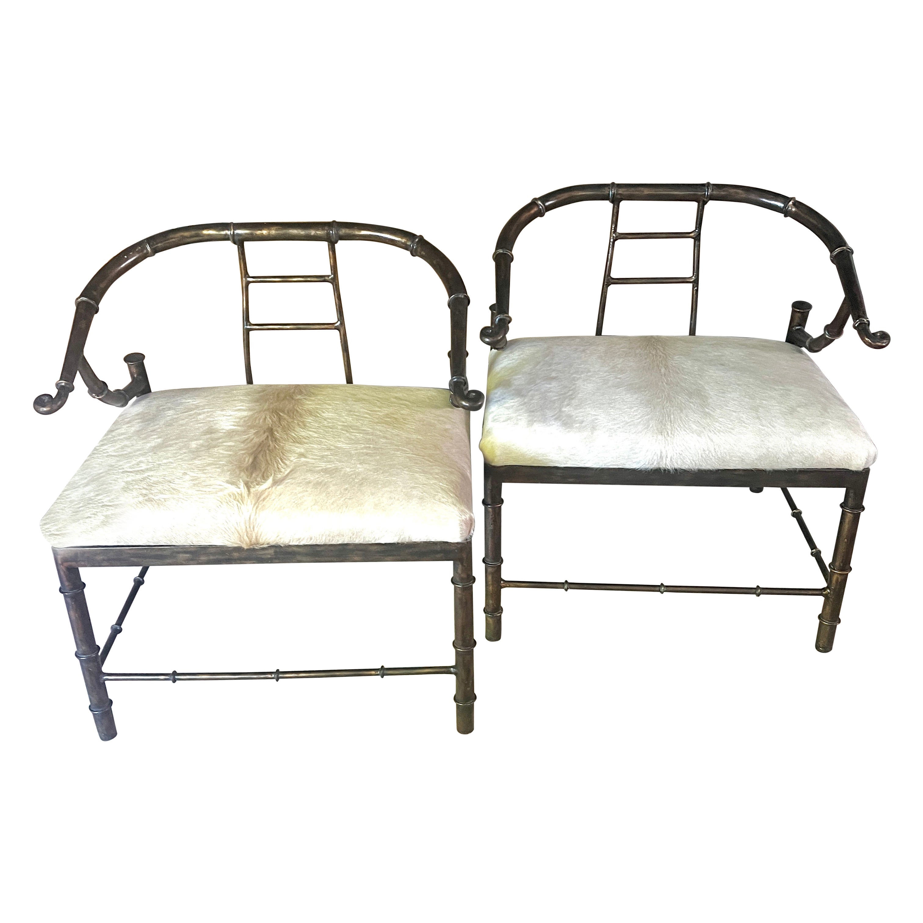 Pair Patinated Mastercraft Faux Bamboo Chairs with Pony Skin Upholstery en venta