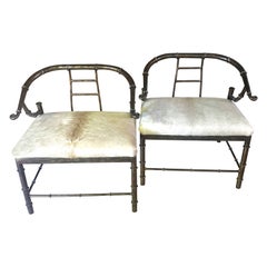 Pair Patinated Mastercraft Faux Bamboo Chairs with Pony Skin Upholstery