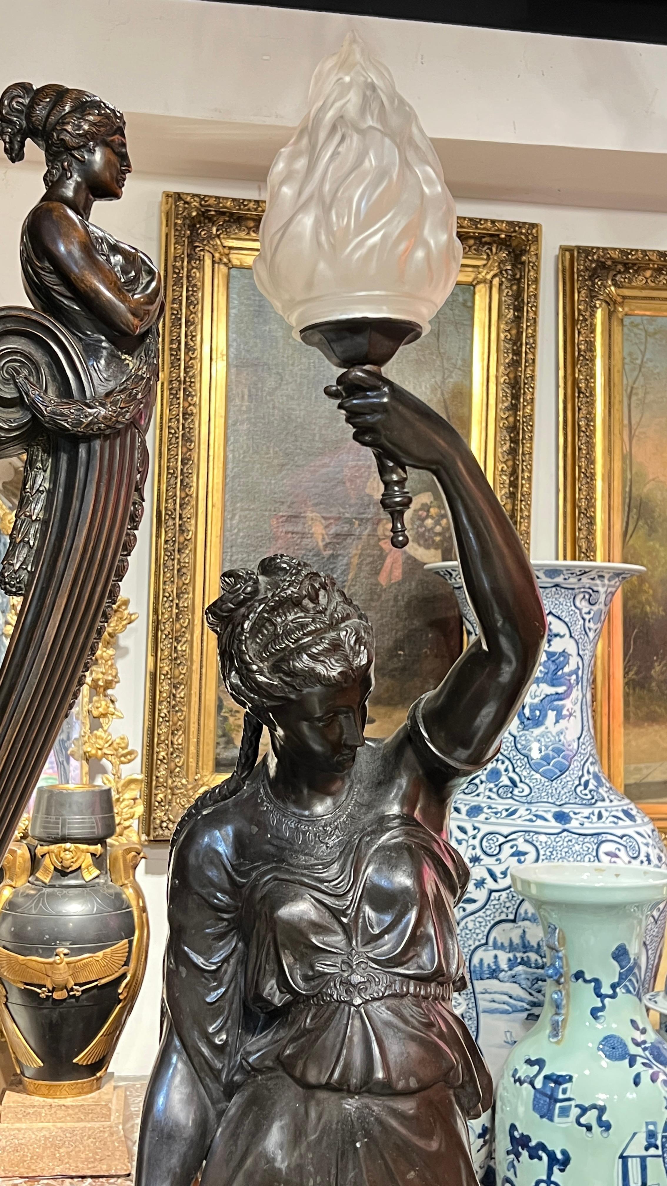 Pair Patinated Neoclassical Bronze Female Figures Designed as Torchieres 4