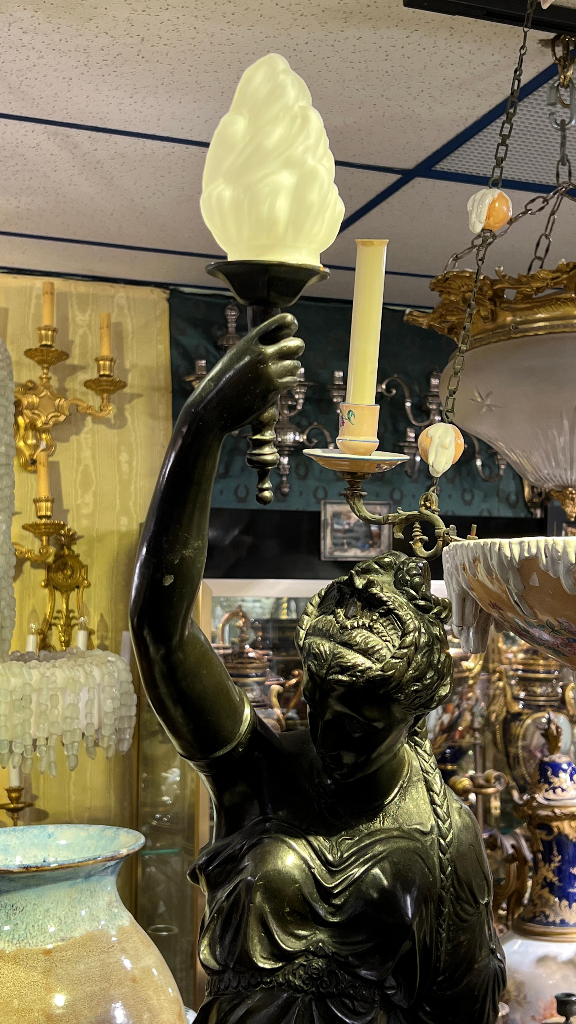 Paar patinierte neoklassizistische Bronzefiguren mit weiblichen Figuren, entworfen als Fackeln (Patiniert) im Angebot
