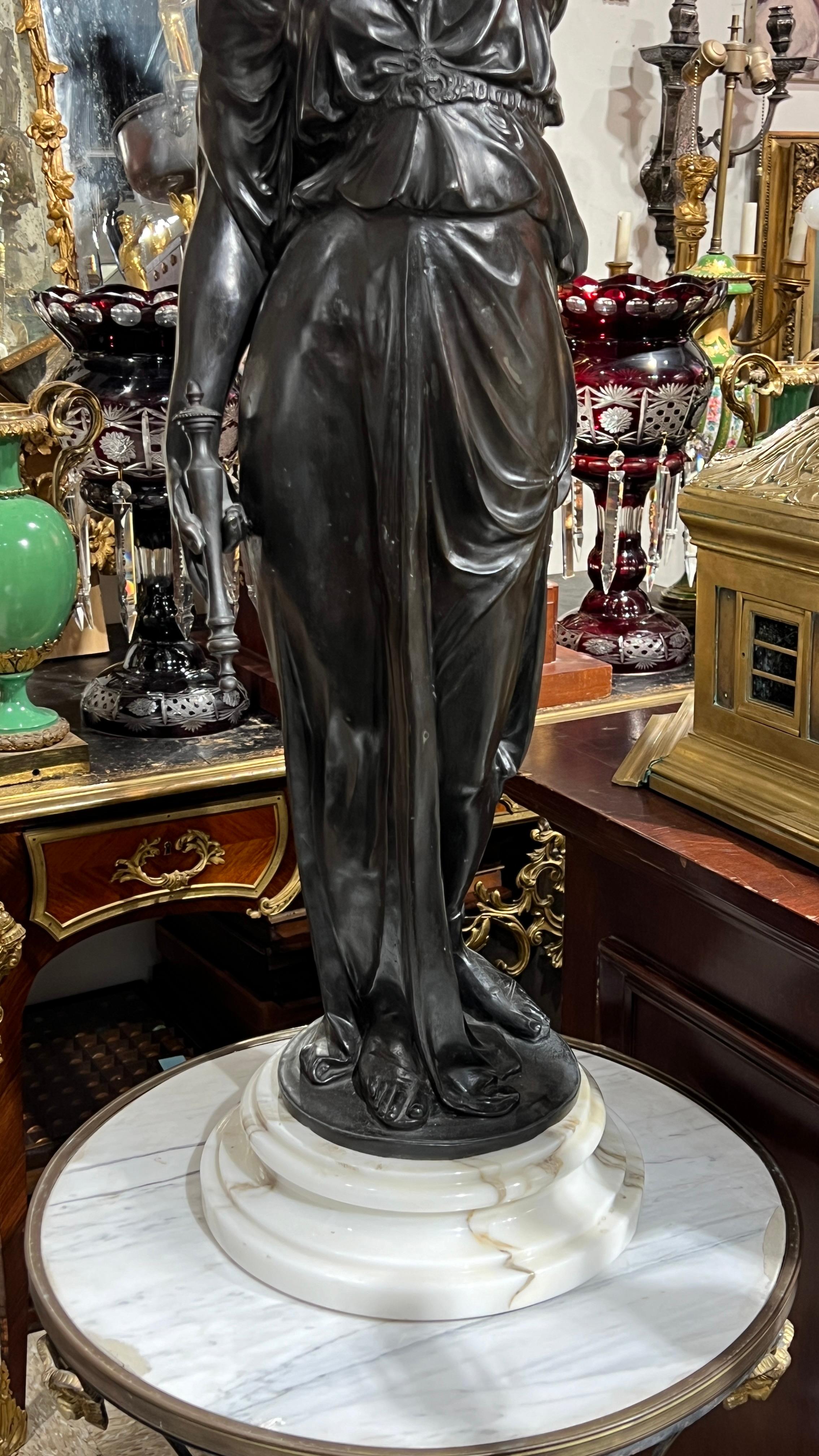 Neoclassical Revival Pair Patinated Neoclassical Bronze Female Figures Designed as Torchieres
