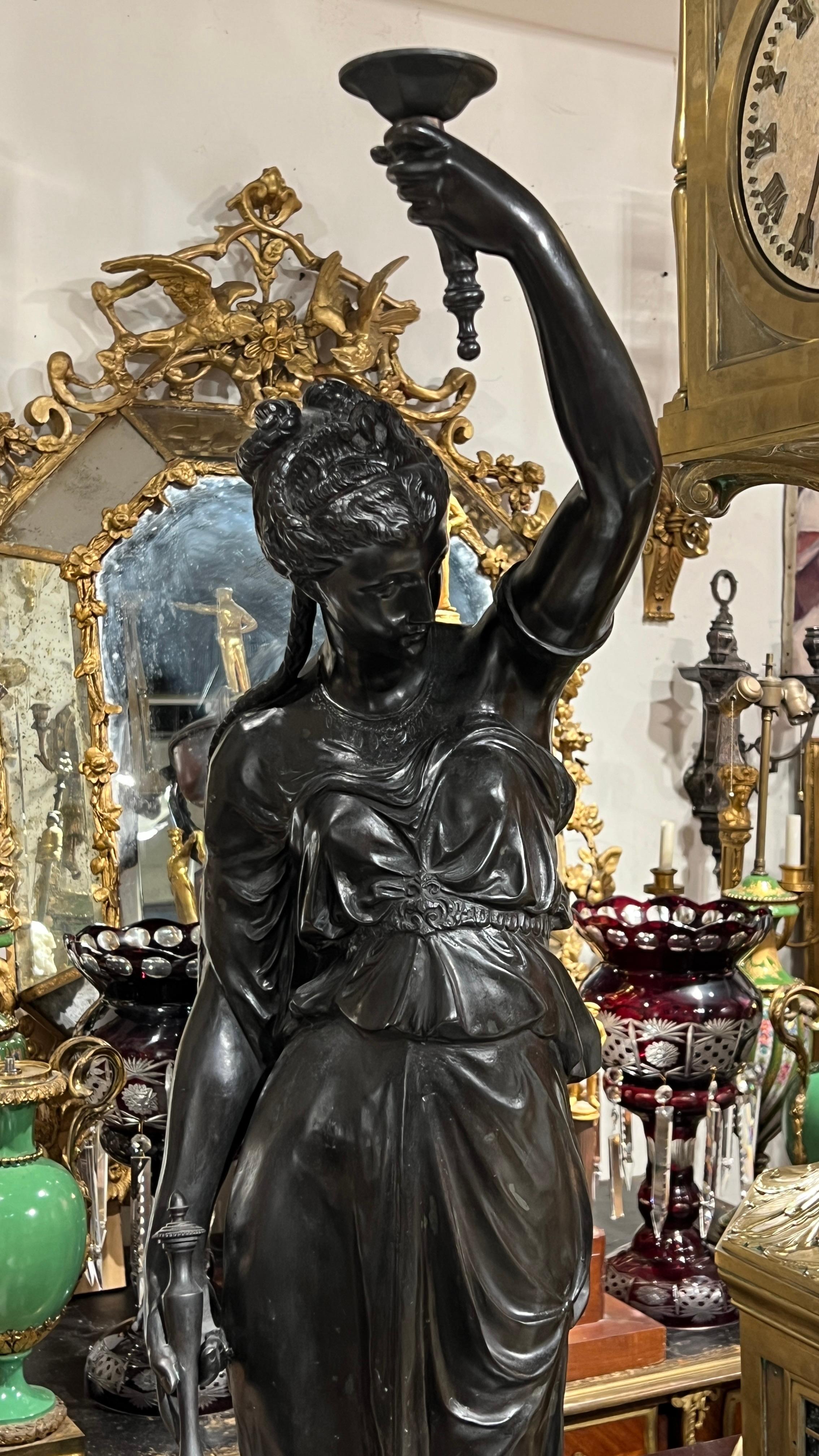 French Pair Patinated Neoclassical Bronze Female Figures Designed as Torchieres