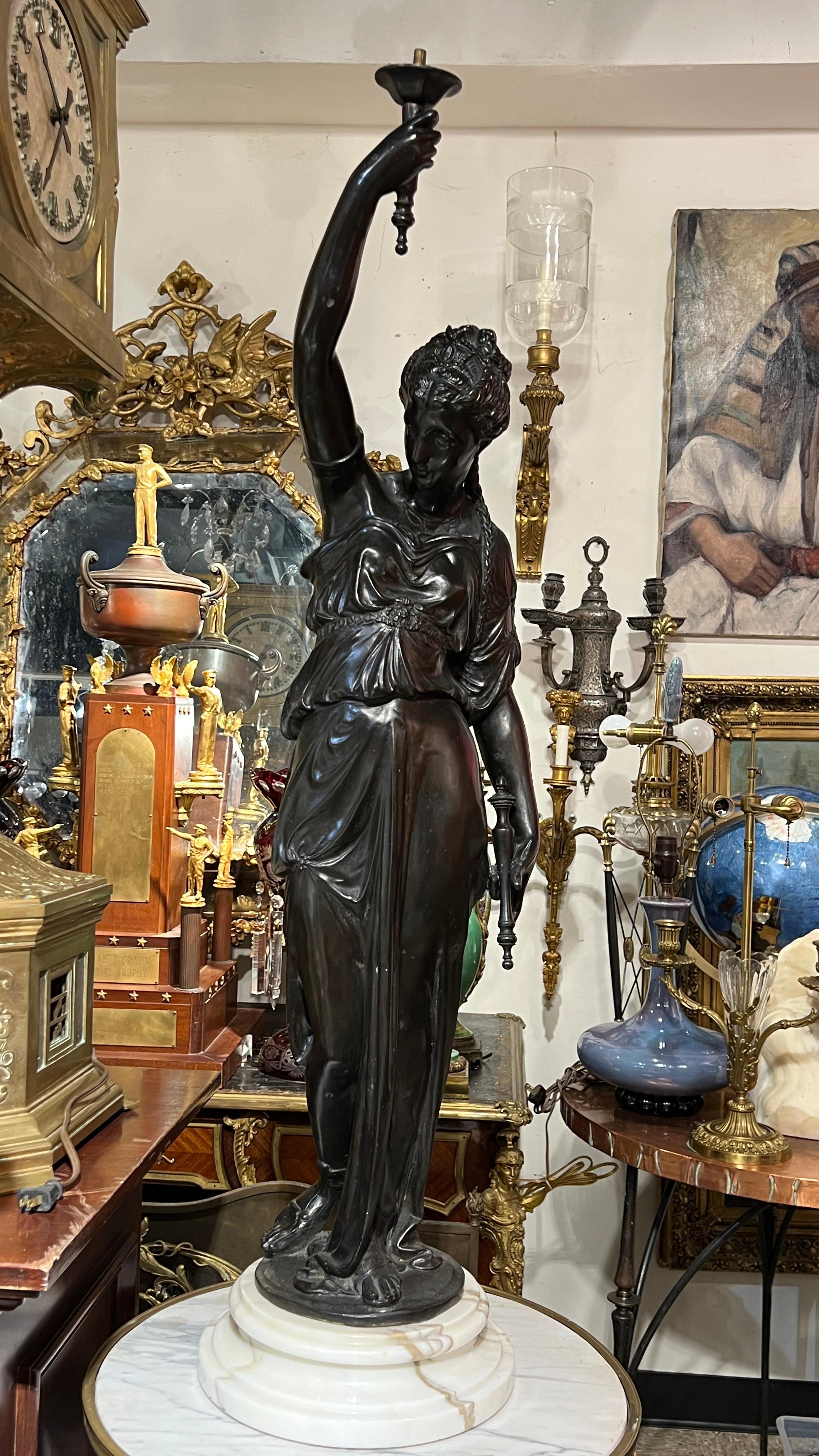 Pair Patinated Neoclassical Bronze Female Figures Designed as Torchieres In Good Condition In New York, NY
