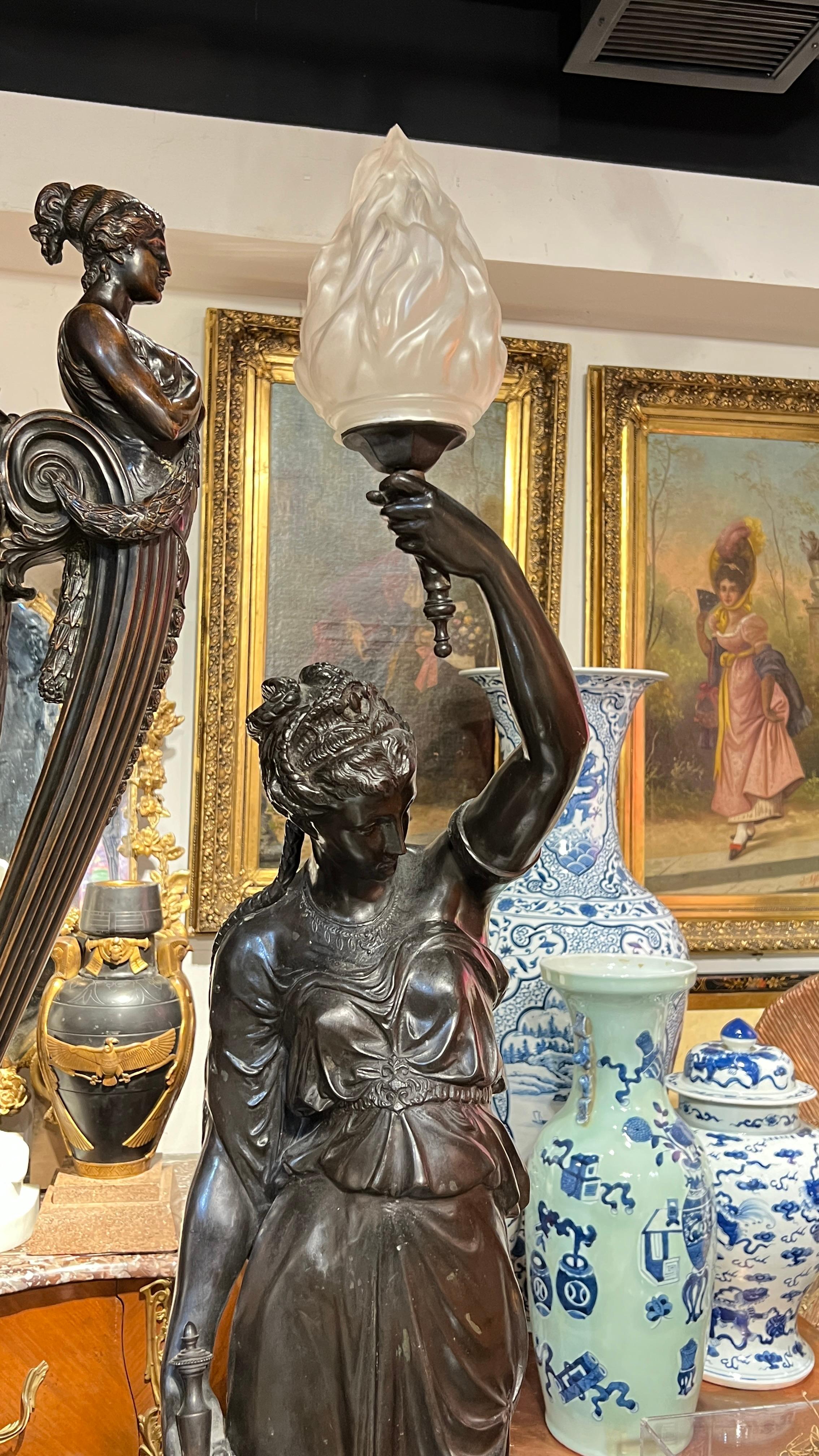 Pair Patinated Neoclassical Bronze Female Figures Designed as Torchieres 2