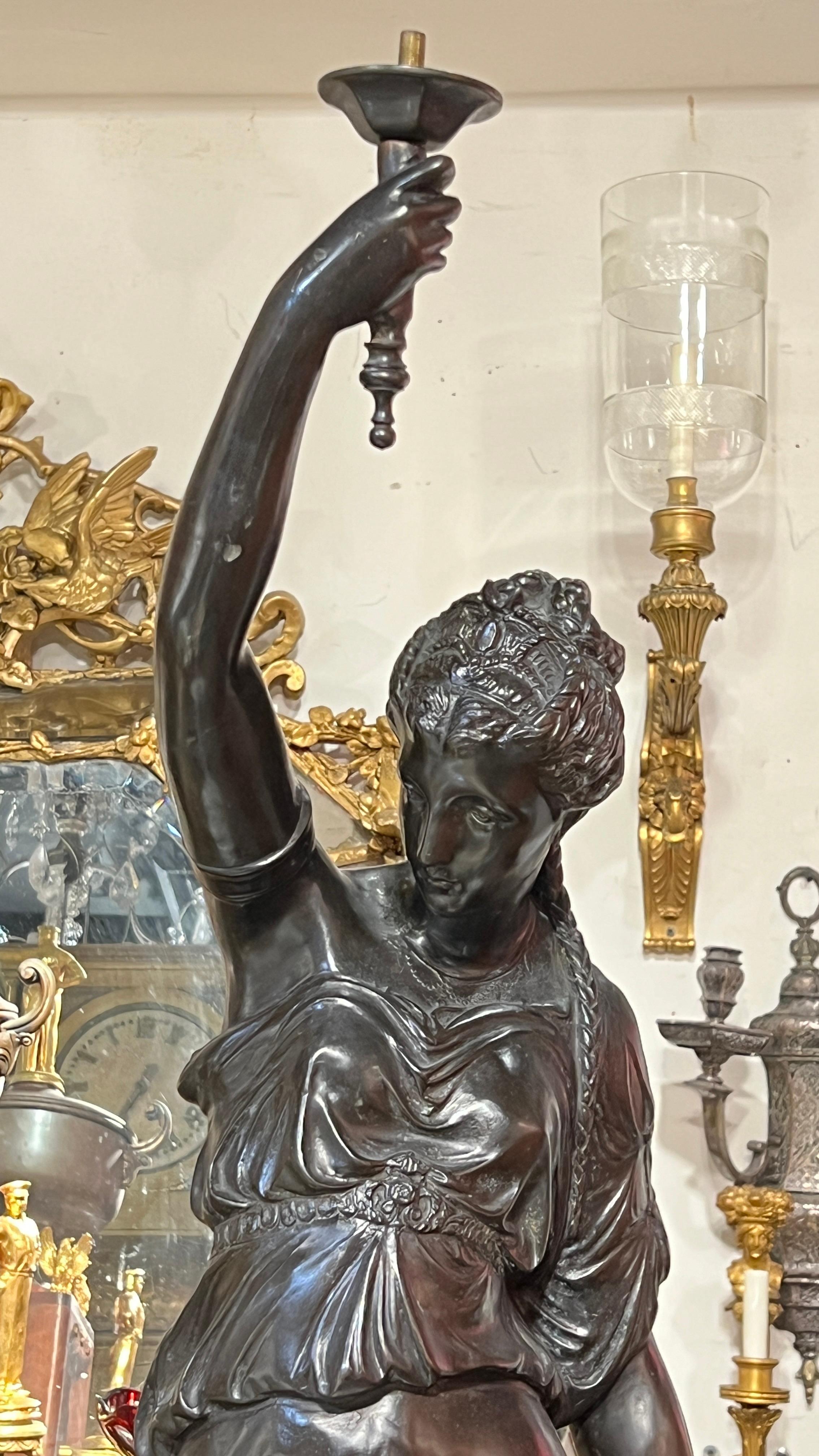 Mid-20th Century Pair Patinated Neoclassical Bronze Female Figures Designed as Torchieres