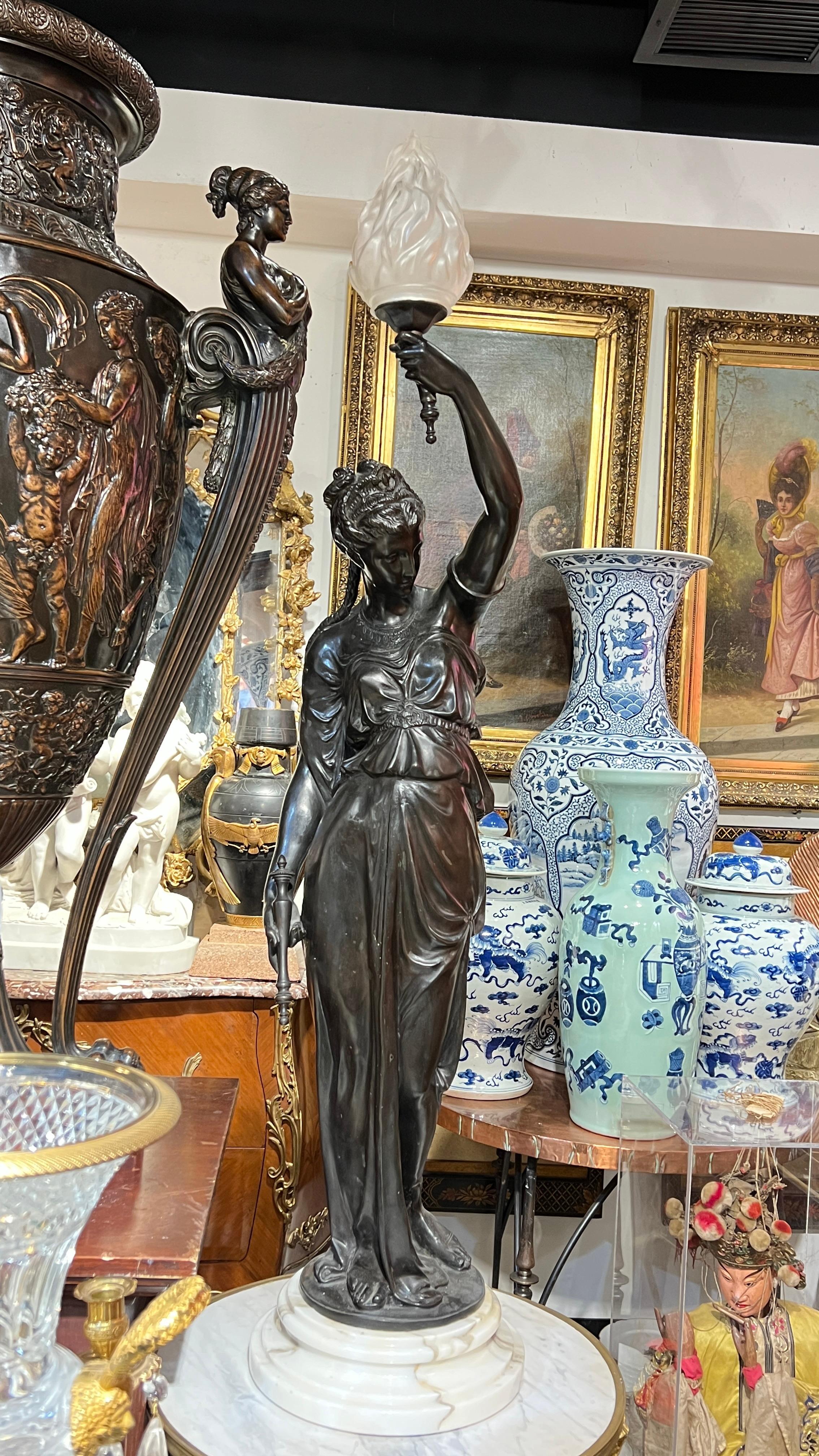 Pair Patinated Neoclassical Bronze Female Figures Designed as Torchieres 3
