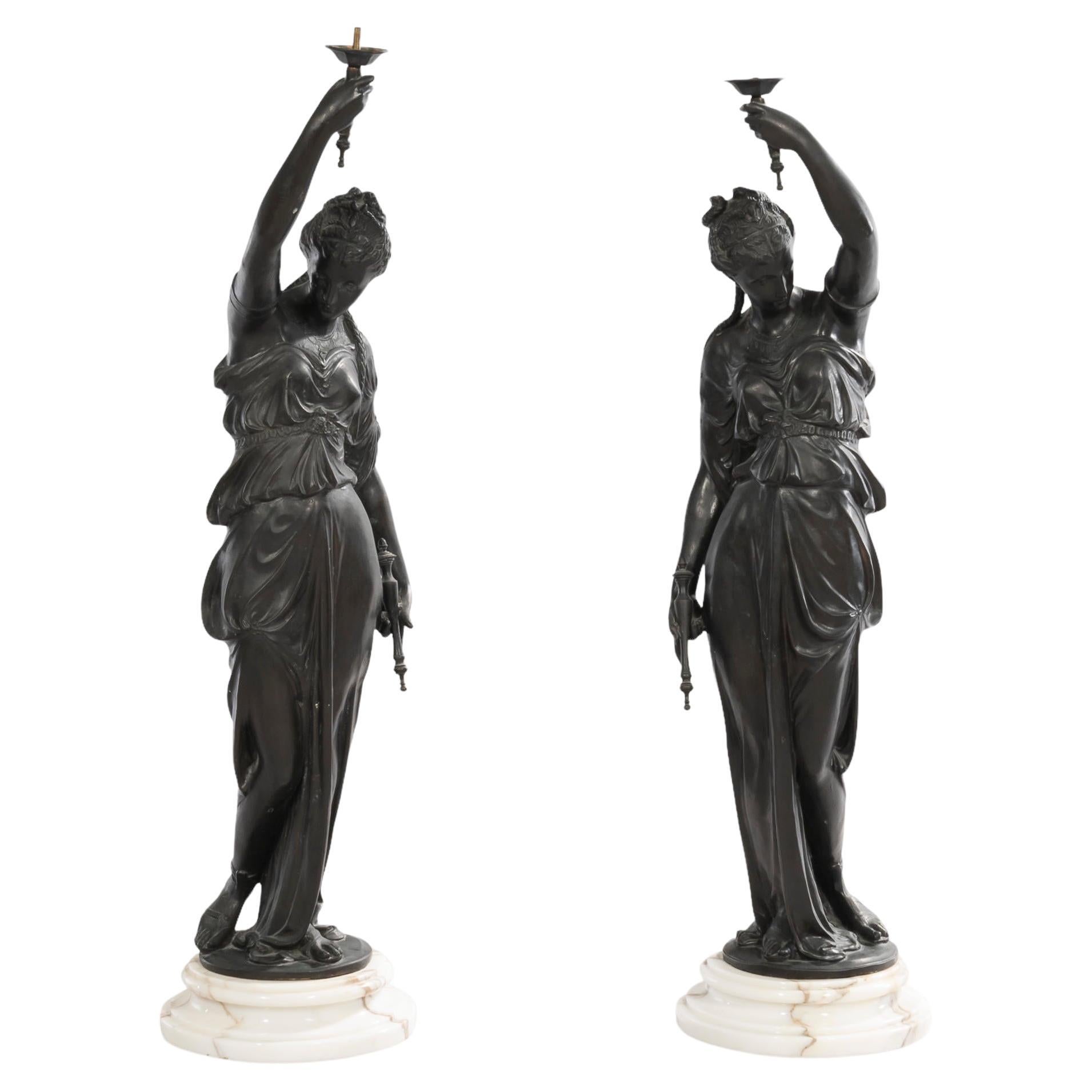 Pair Patinated Neoclassical Bronze Female Figures Designed as Torchieres For Sale