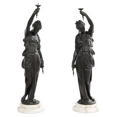 Pair Patinated Neoclassical Bronze Female Figures Designed as Torchieres