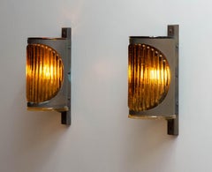 Pair Swedish Brutalist Outdoor Wall Lights Patinated Copper And Amber Art Glass