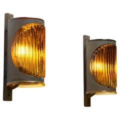 Pair Patinated Swedish Brutalist Outdoor Wall Lights Copper And Amber Art Glass