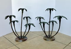 Pair Patinated Tole Metal Palm Tree 5 Arm Candlestick Holders